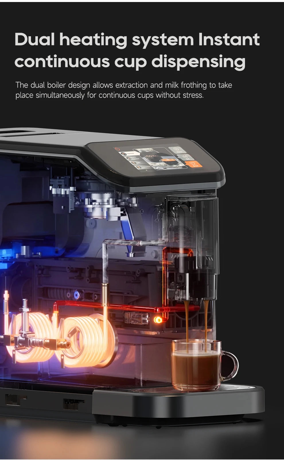 Cutaway view of black dual boiler espresso machine with digital display, glowing heating coils, and glass coffee cup.
