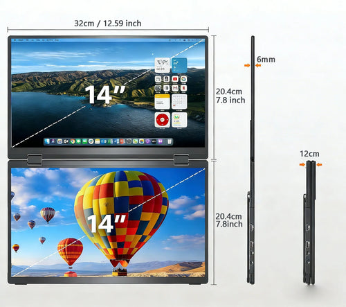 14-inch portable dual monitor extender, stacked foldable screen with two displays