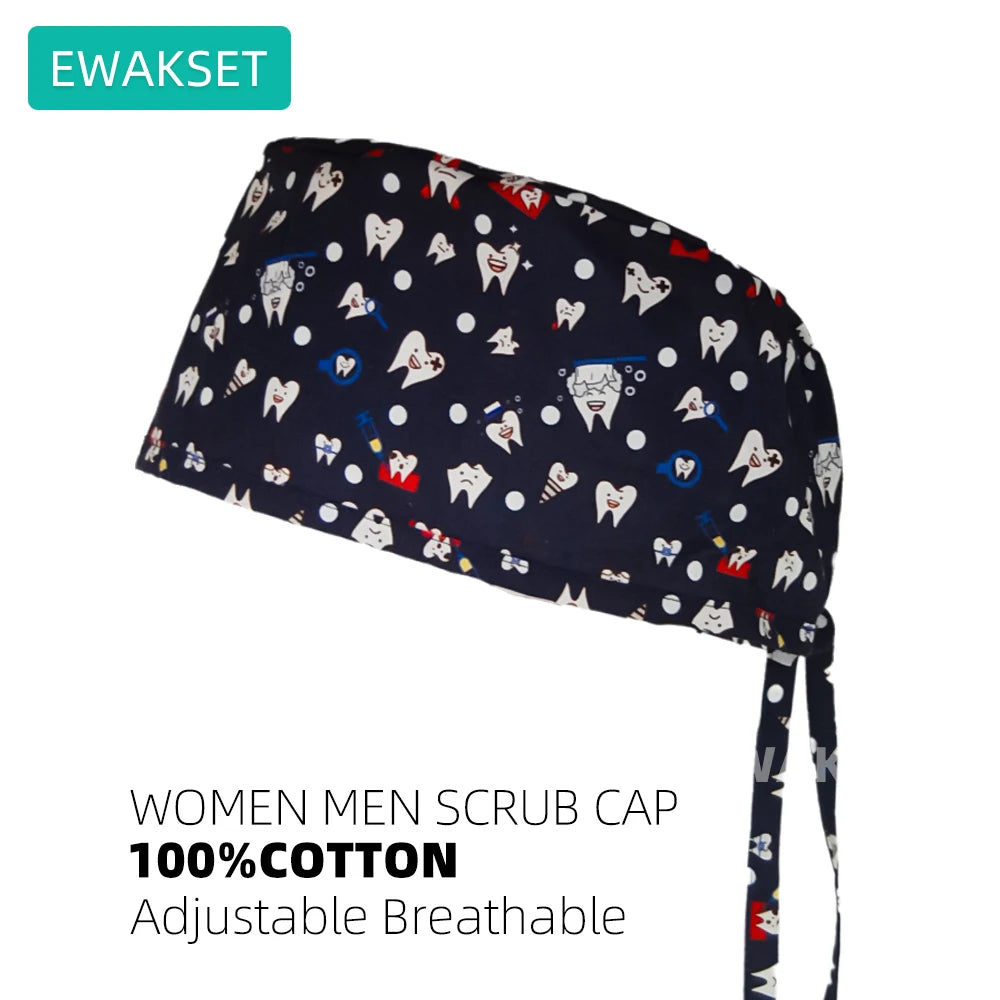 Adjustable navy cotton scrub cap with dental print, sweatband, for nurses, vets, and dental professionals. Breathable fit.