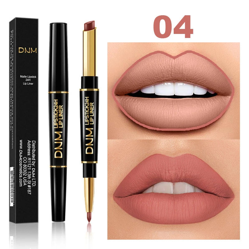 DNM 2-in-1 waterproof matte lipstick and lip liner pencil in nude shade 04 with a long-lasting velvet finish.