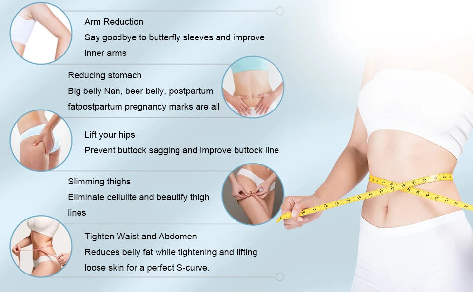 Infographic for BEEMY body slimming device showing women using a measuring tape on their arms, waist, hips, and thighs.