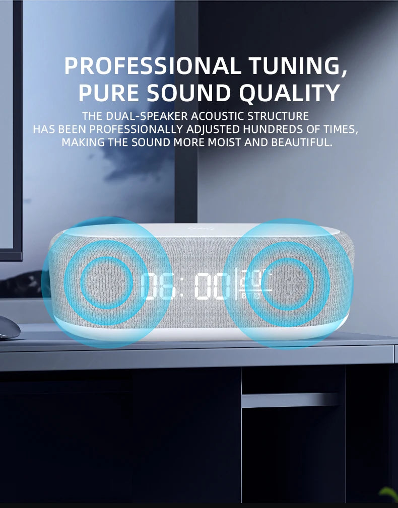 Portable Bluetooth Speaker with Wireless Charger and Alarm Clock - White Tidesmit