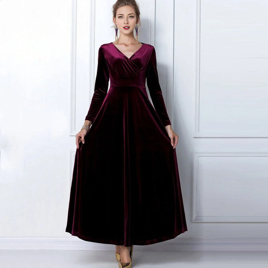 Vintage Women Autumn Long Sleeve V Neck Pleated Velvet Banquet Party Maxi Dress Party Wedding Elegant Evening dress 