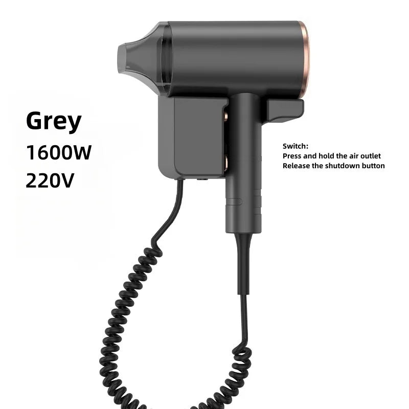 Grey 1600W wall-mounted hair dryer for hotels with concentrator nozzle and convenient coiled cord design.