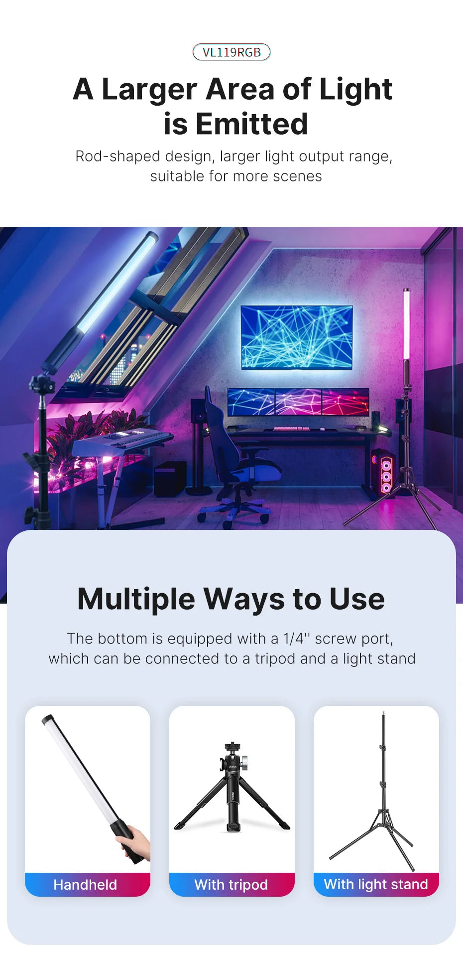 VL119RGB rod-shaped LED light in a gaming room. Shown handheld or mounted on a tripod and light stand for studio use.