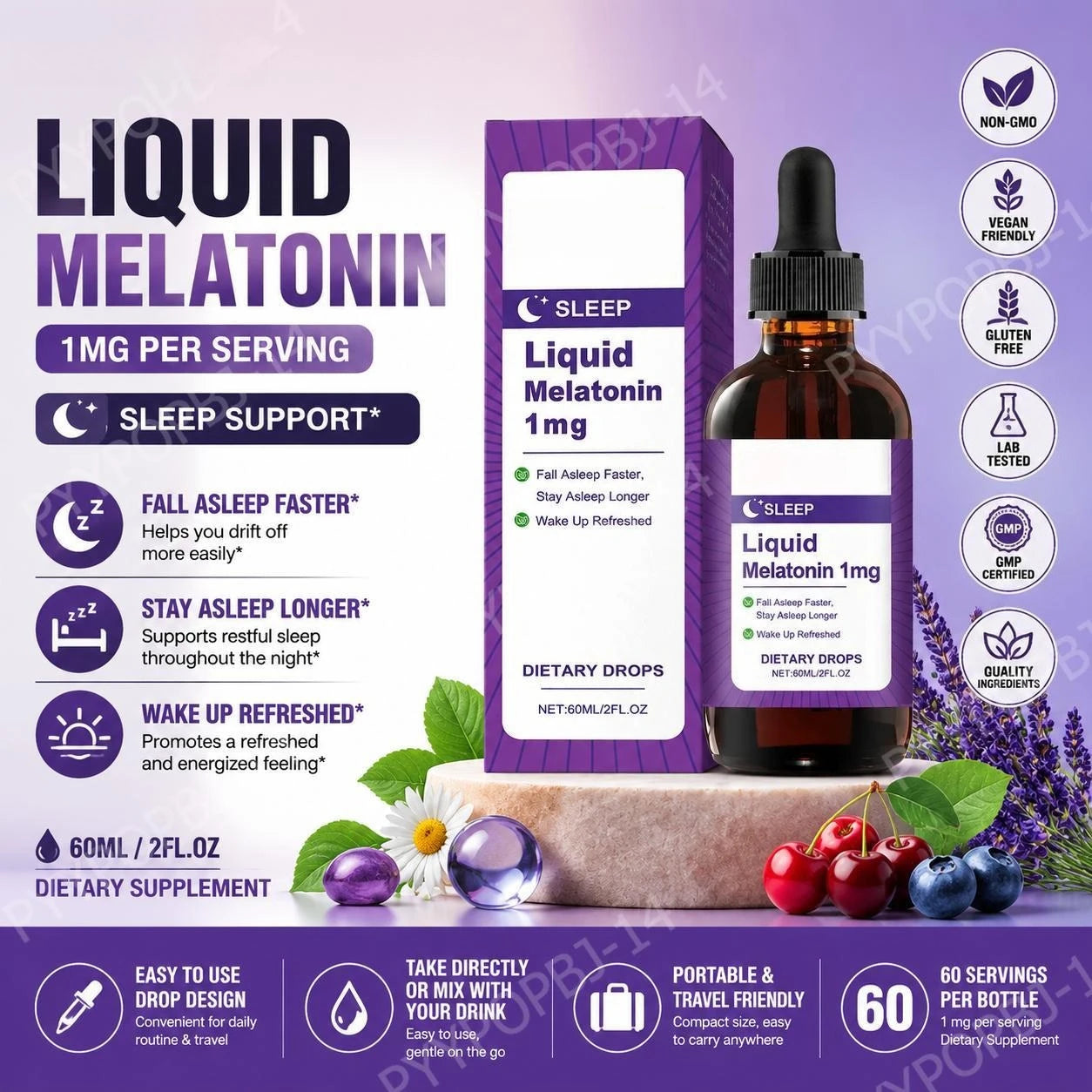 Liquid Melatonin 1 Mg Sleep Drops, Mint Leaf Extract, Fall Asleep Faster, Stay Asleep Longer, Wake Up Refreshed 60 ML