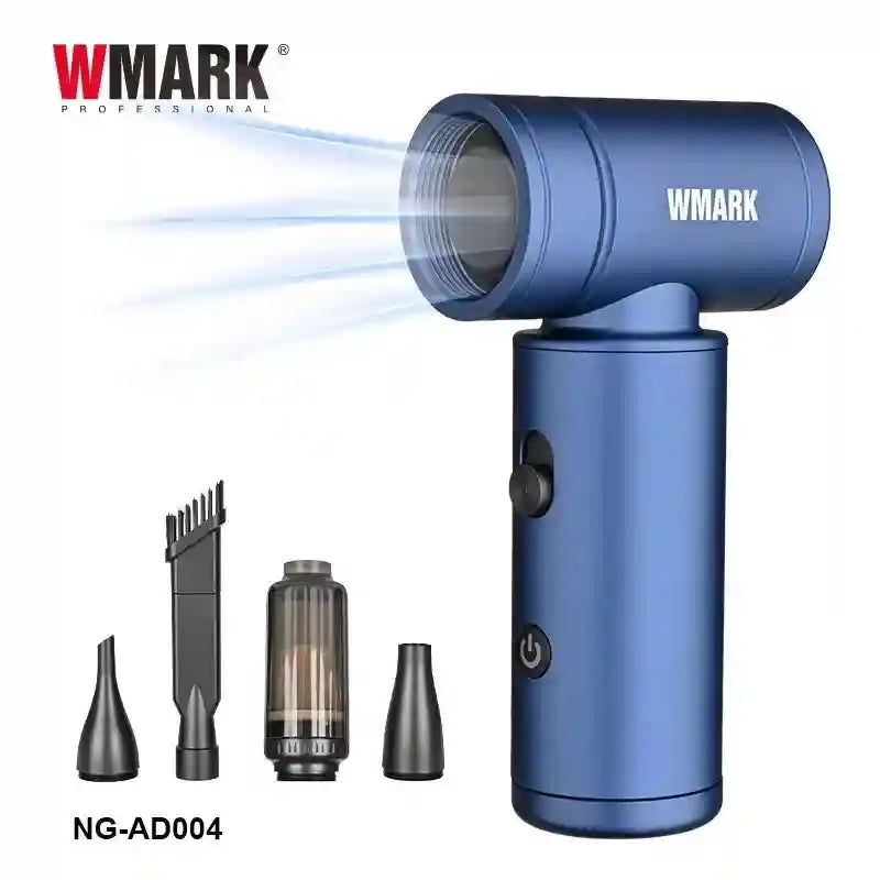 Blue WMARK NG-AD004 cordless air duster with 100K RPM BLDC motor, brush attachments, and portable hair dryer design.