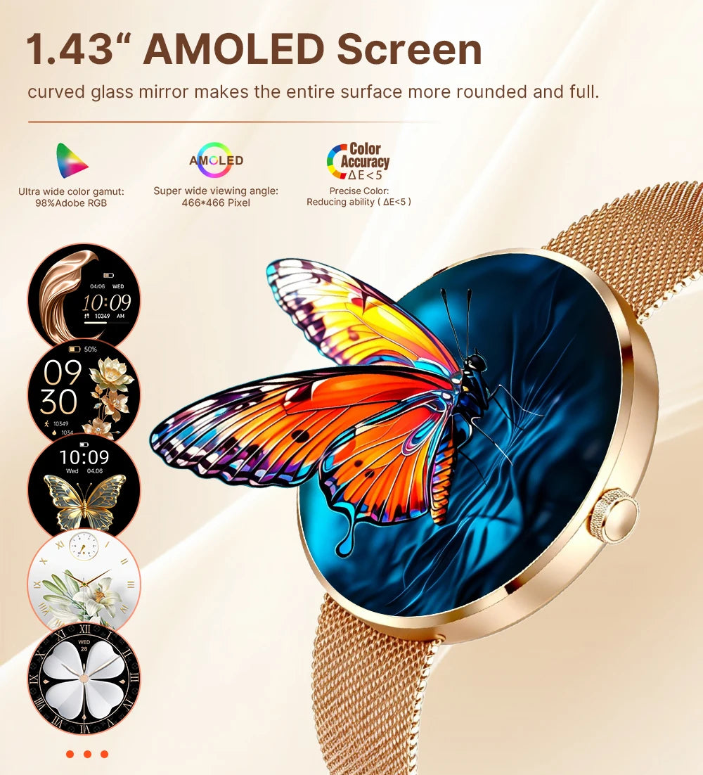 MEVADEN 8.5mm Utra-thin Stainless Steel Smartwatch 1.43 inch AMOLED Screen Women Bluetooth Call Health Monitor Sport Smart Watch
