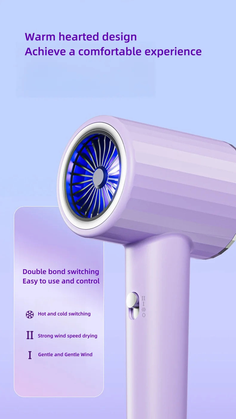 Purple 2400W ionic hair dryer with blue light, hot/cold settings, and adjustable wind speeds for quick salon drying.