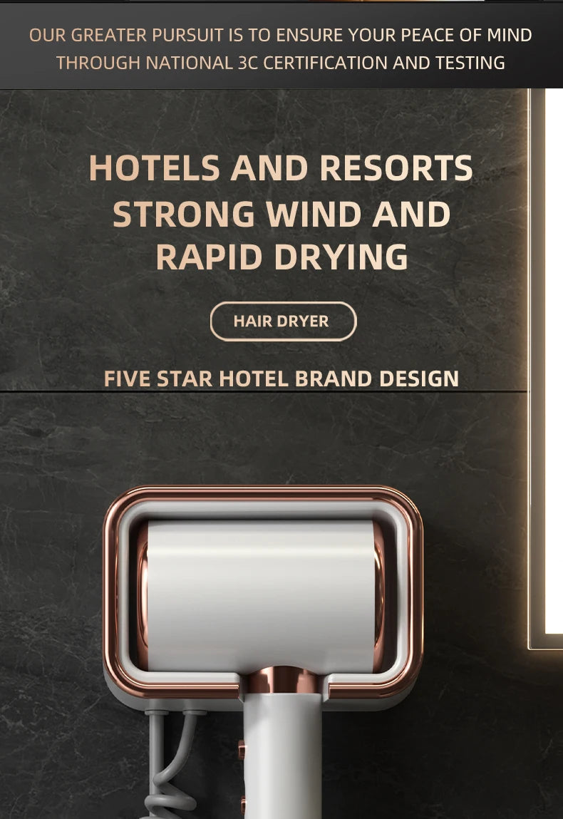 White and rose gold wall-mounted hair dryer with high-wind blue light technology for home or hotel bathrooms.