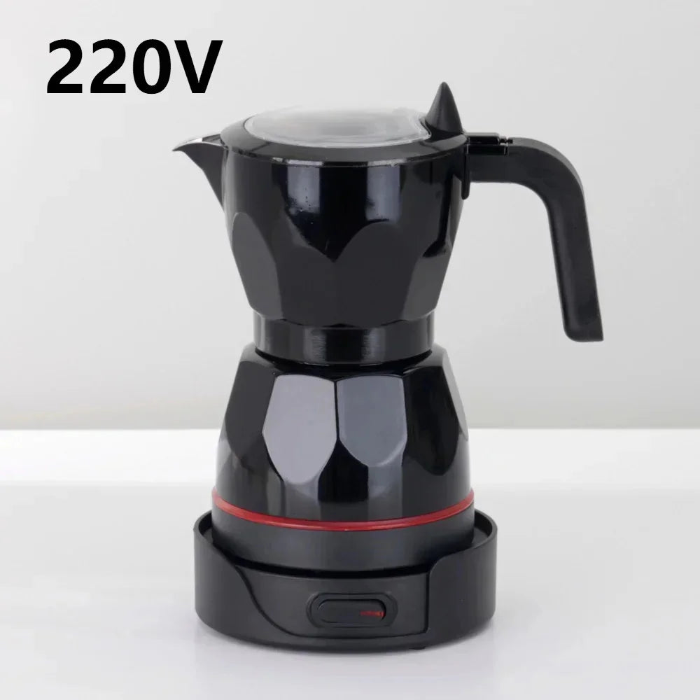 Black electric moka pot coffee maker, 220V, with a faceted design, handle, and a red-accented base power station.