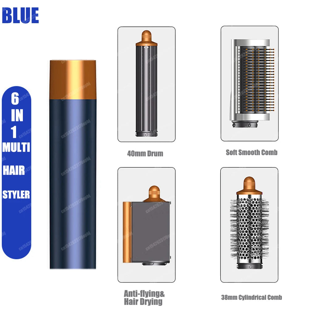 Blue 6-in-1 auto hair styler set with curling barrels, soft smooth comb, dryer attachment, and round volumizing brush.