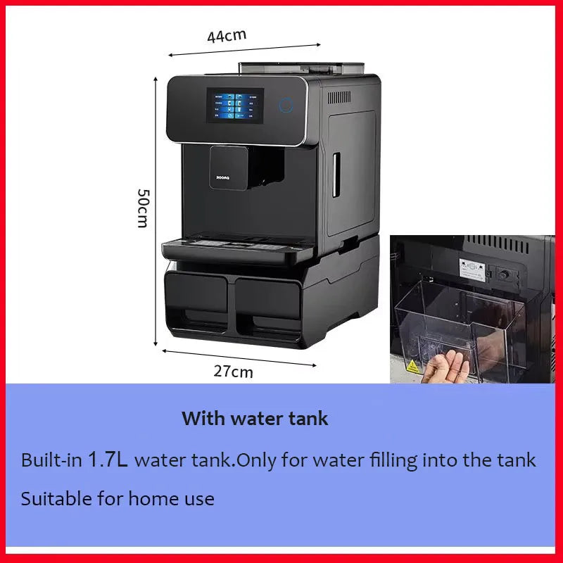 Black automatic coffee machine with 1.7L water tank, digital screen, and dimensions 44x50x27cm for home use.