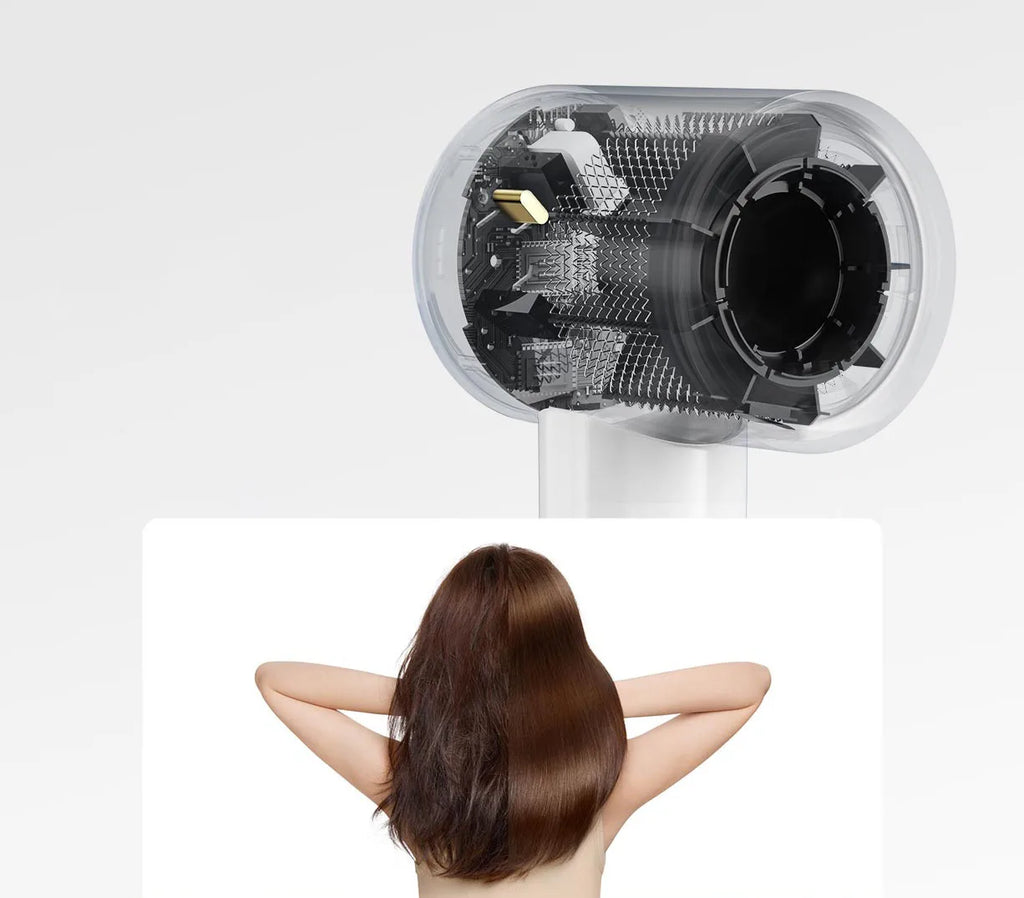 MIJIA H501 SE high-speed hair dryer showing inner motor tech and smooth, healthy hair results for professional drying.