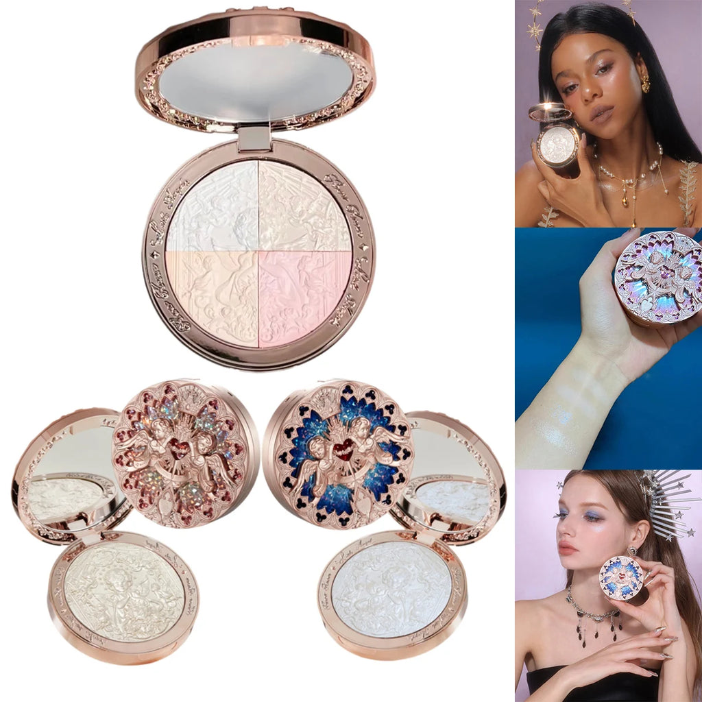 Tidesmit Flower Knows Little Angel embossed face highlighter palette with diamond glitter and 3D contouring