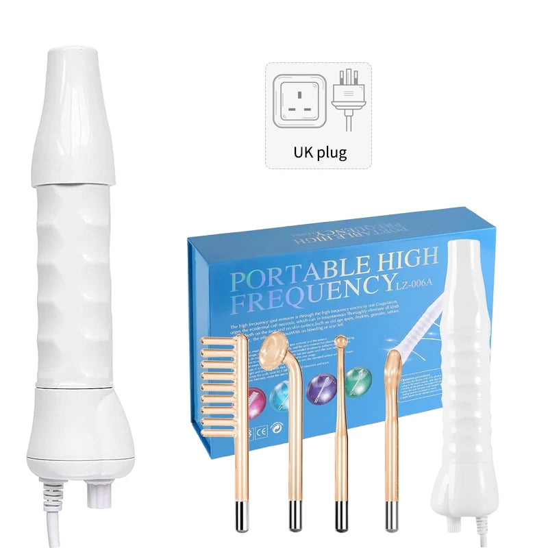 High-frequency facial wand with a white handle, four glass electrode attachments, UK plug, and branded product box.