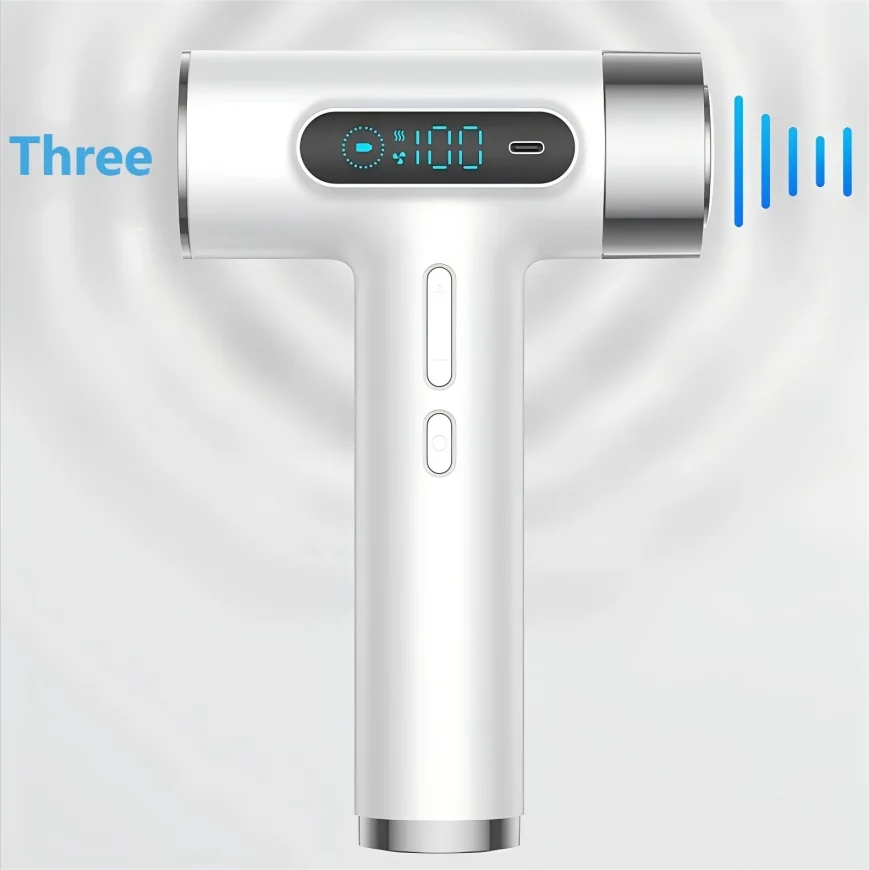 White portable wireless hair dryer with LED display, USB charging, and high-power airflow for dormitory use.