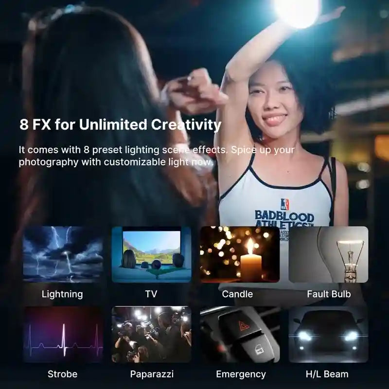 Portable LED light for photography showing eight lighting effects: lightning, TV, candle, bulb, strobe, paparazzi, car.