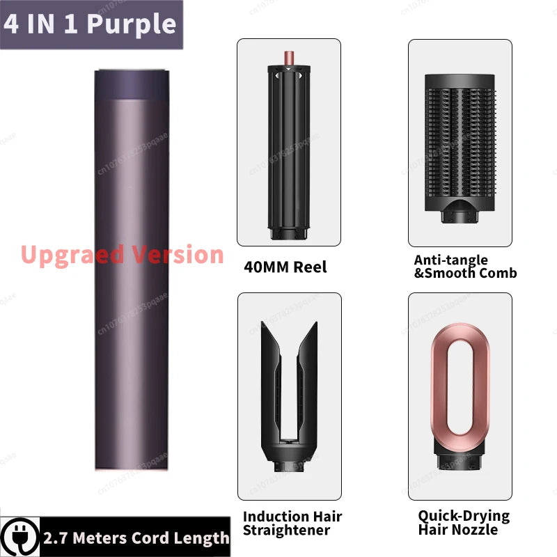 4-in-1 purple auto curling hair styler with dryer attachments, 40mm curling barrel, smooth comb, and drying nozzle.