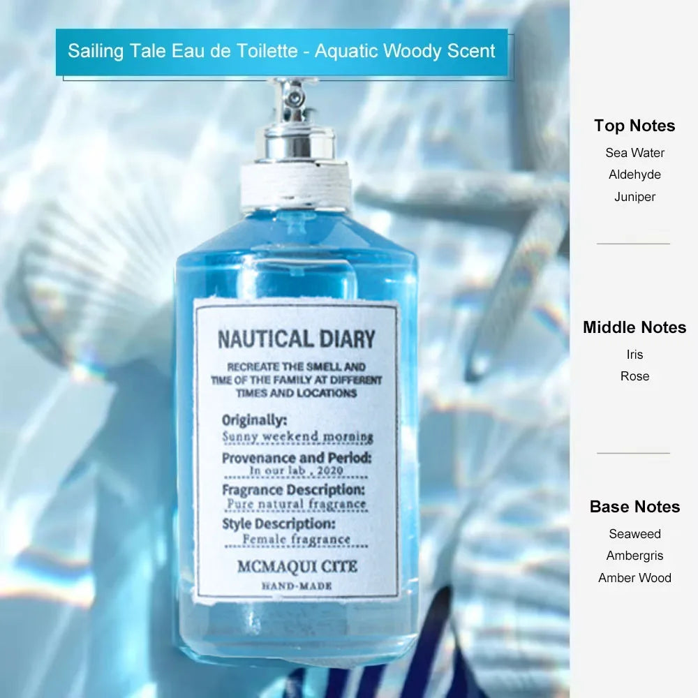 McMaqui Cite Nautical Diary EDT: 100ml blue square bottle, unisex aquatic woody scent with sea water & amber wood notes.