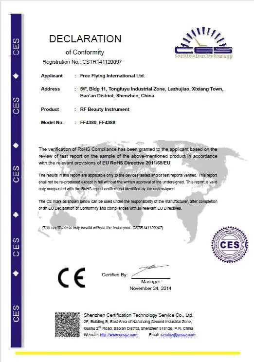 RoHS Declaration of Conformity certificate for an RF beauty instrument, featuring official stamps and text.