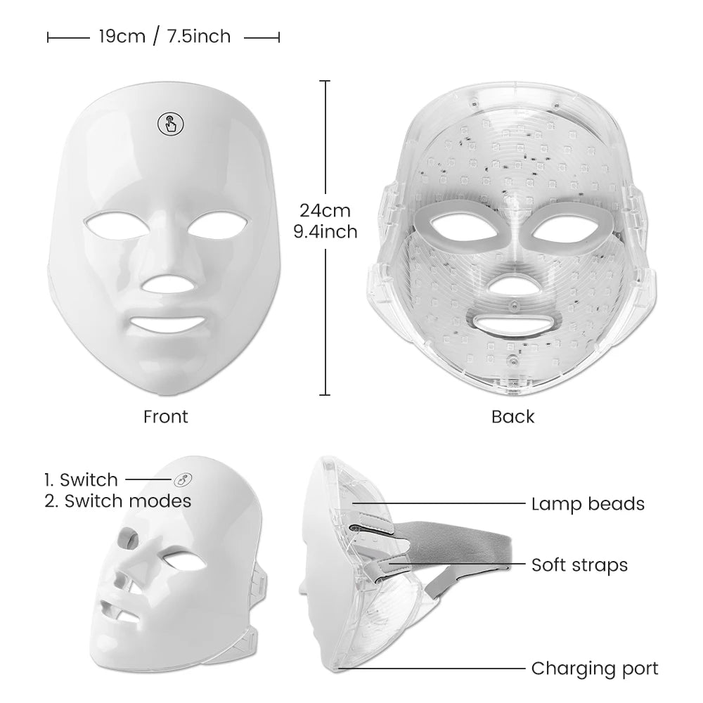 White, 7-color LED facial rejuvenation mask showing front, back, dimensions, lamp beads, straps, and charging port.