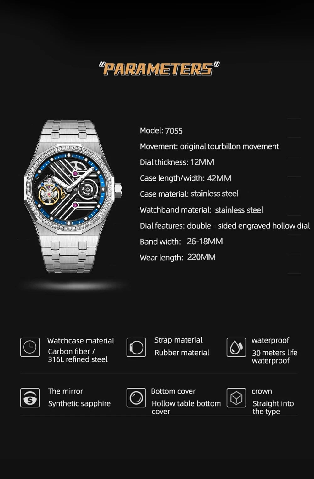 Classic Design 7055 Tourbillon Automatic Mechanical Watch Men Luxury Watch Manufacturer certified