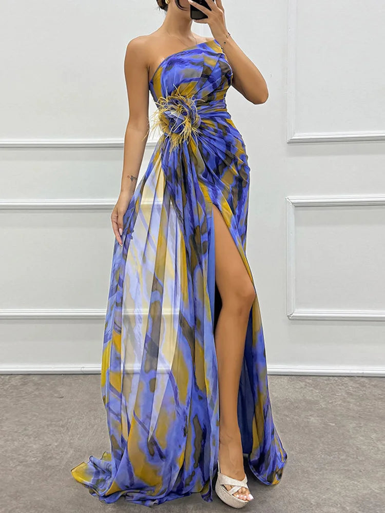 Printed Skew Collar Simple Party Dress, Women Summer Patchwork Sleeveless Elegant Maxi Dress, 2024 Backless Fashion Ladies Dress