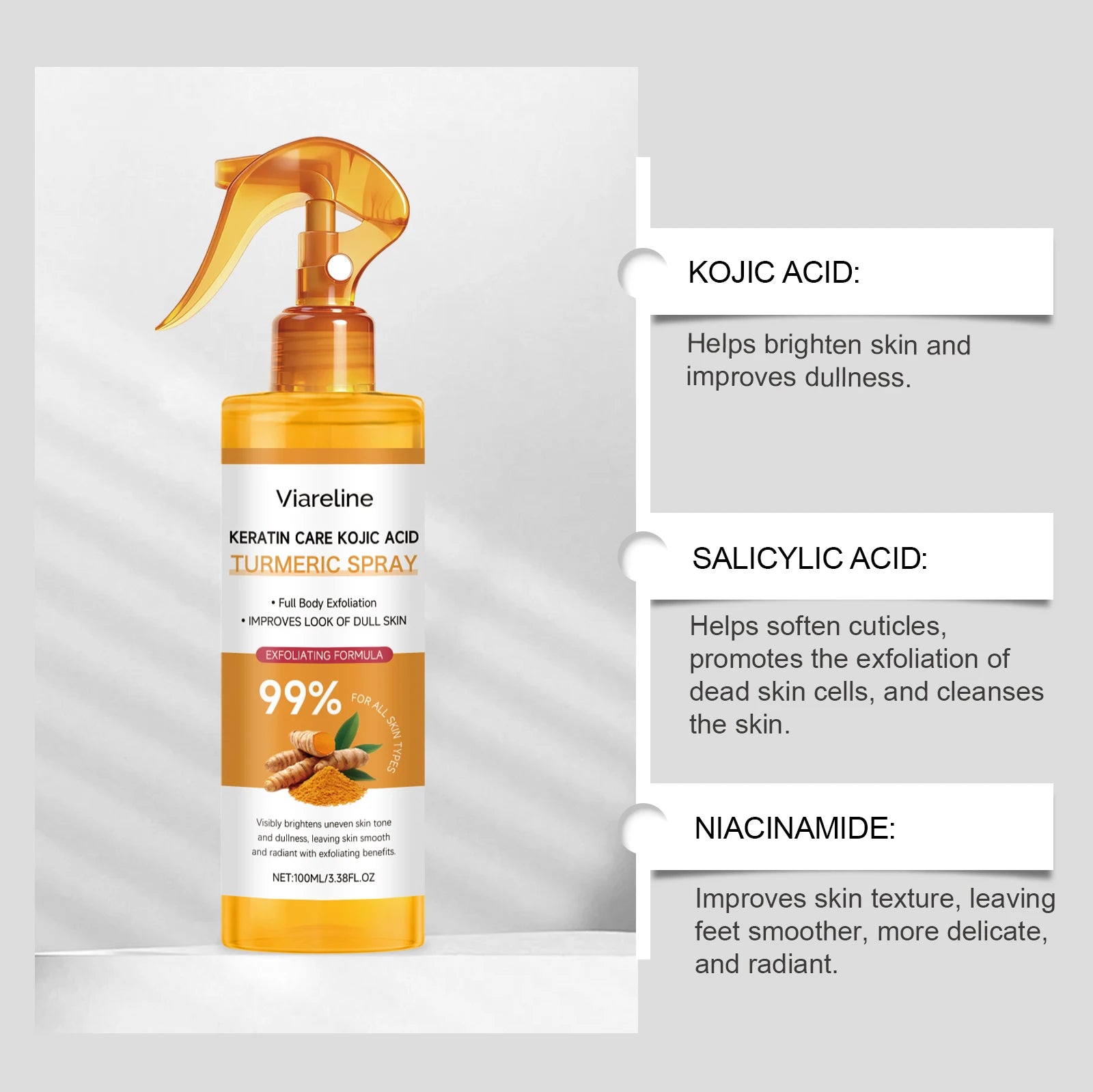 Kojic Acid Turmeric Exfoliating Spray Gentle Exfoliating Hydrating Moisturizer Smooth Brightening Dead Skin Calluses Removal