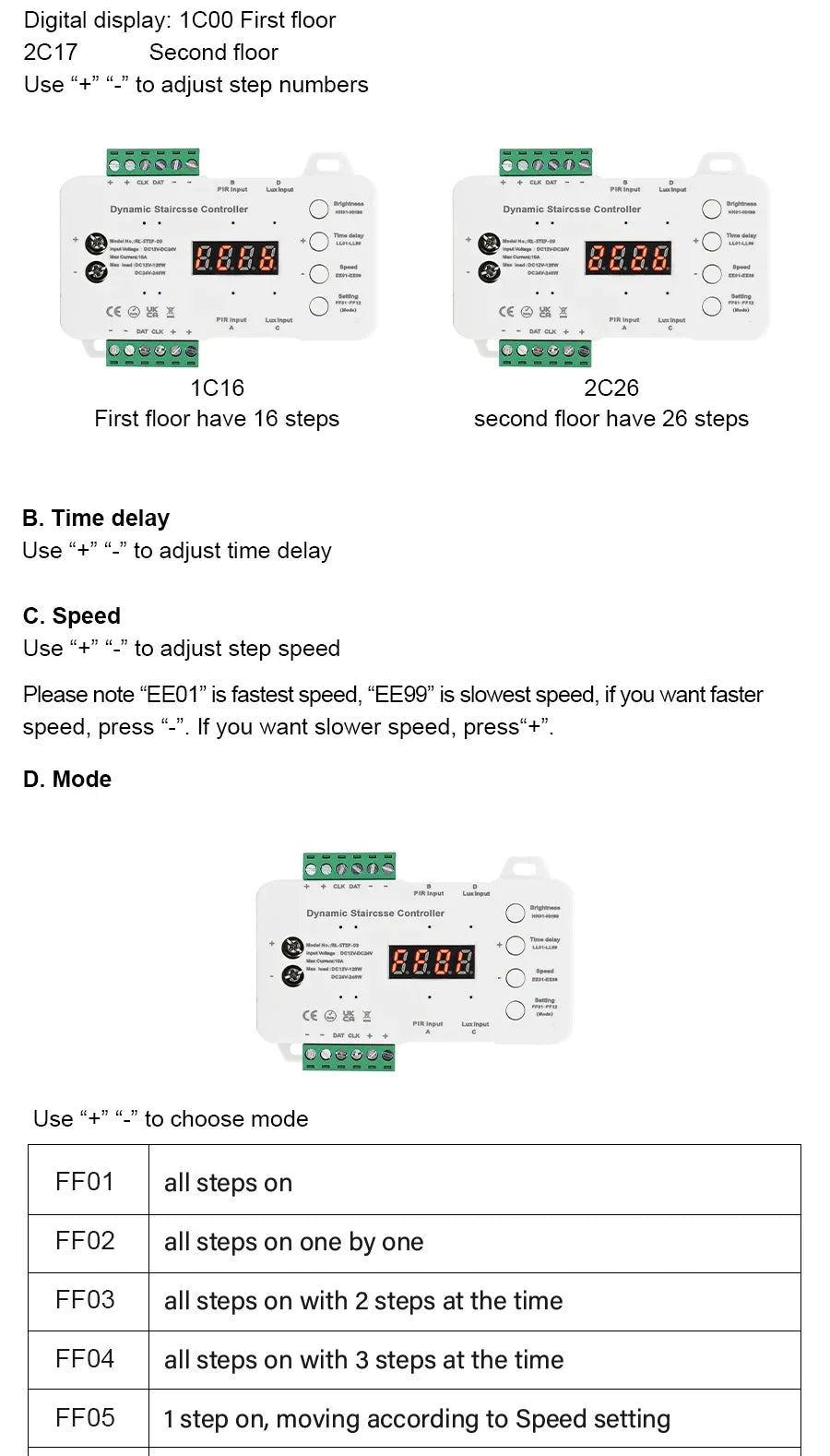 LED stair lighting controller with digital display for step numbers, time delay, and speed.