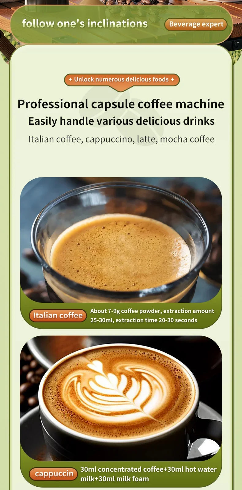 Professional capsule coffee machine for Italian coffee, latte, and cappuccino with crema and latte art display.