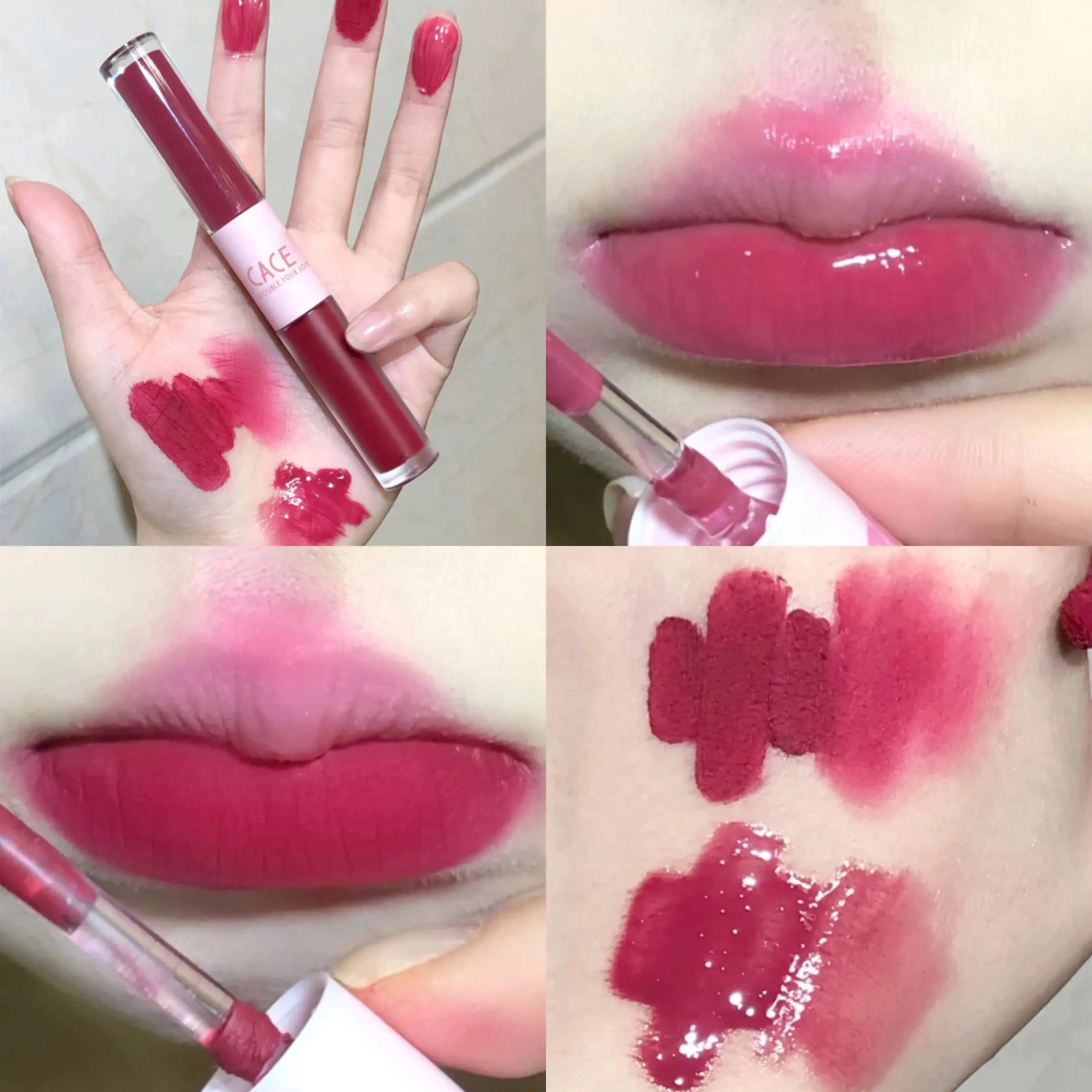 CACE double-ended lip glaze with matte lip mud and shiny mirror gloss in a sexy red shade, shown on hand and lips.