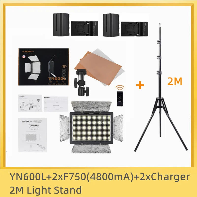 YN600L LED video light kit with 2-meter stand, batteries, chargers, remote, and filters.