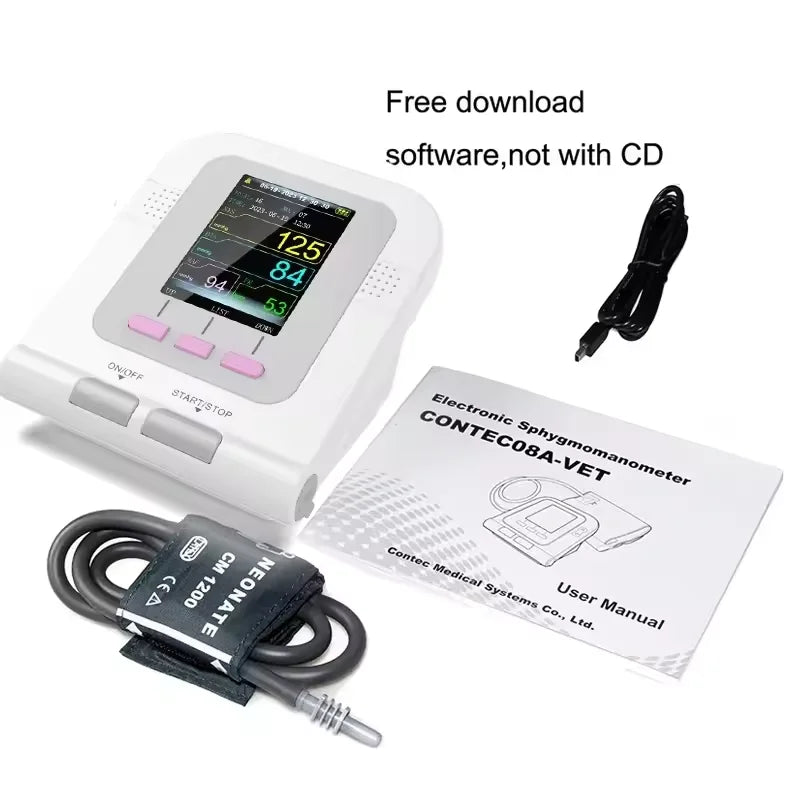 For use in cats and dogs; CONTEC08A veterinary blood pressure monitor, can be used with a blood oxygen probe if desired