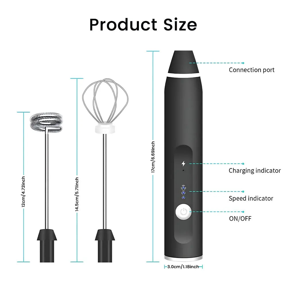 Black handheld electric milk frother with two stainless steel whisks, size dimensions, and indicator lights.