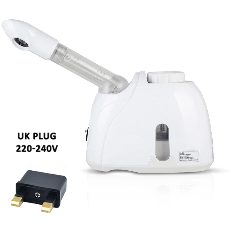 White facial steamer machine with adjustable spray nozzle, UK plug, and water tank for professional spa care at home.