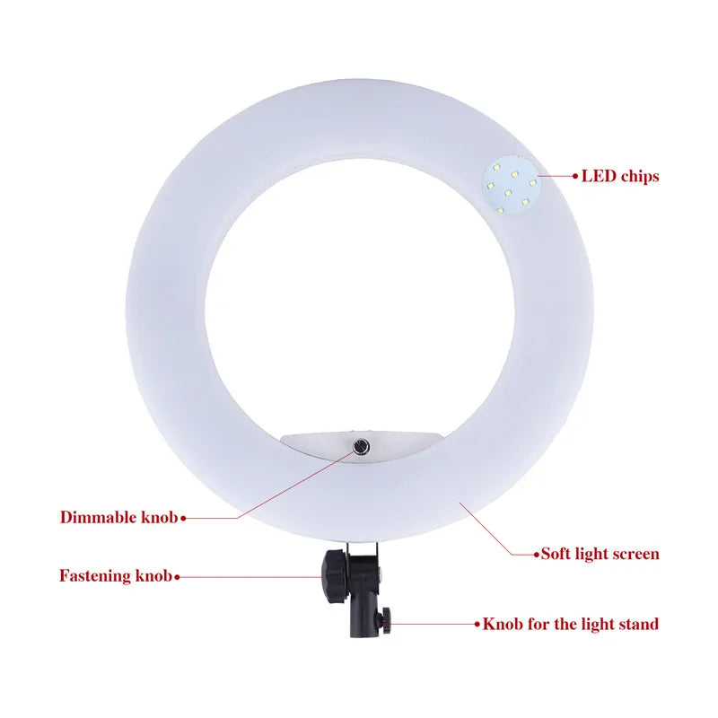 White circular LED ring light with a soft light screen, dimmable controls, and adjustment knobs for photography.