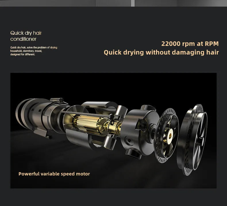 Black wall-mounted hair dryer with powerful 22000 RPM motor for quick, damage-free drying in homes or hotels.