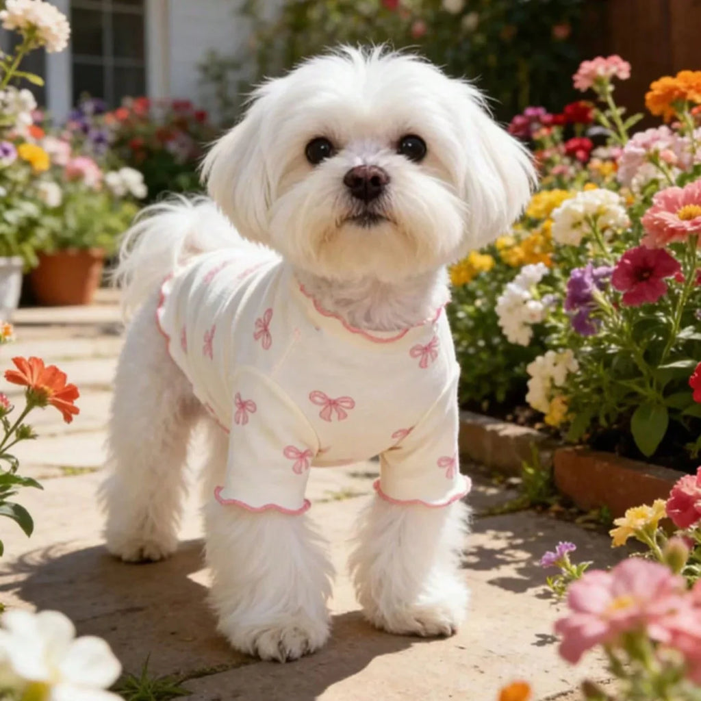 Small white dog wearing a breathable, stretchy cream knit shirt with a pink bow tie print, perfect for pet comfort.