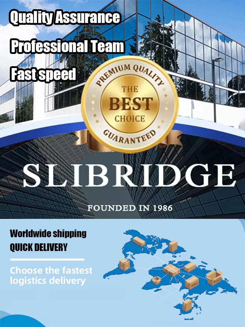 Promotional banner for SLIBRIDGE, featuring a glass office building, gold "Best Choice" seal, and a global shipping map.
