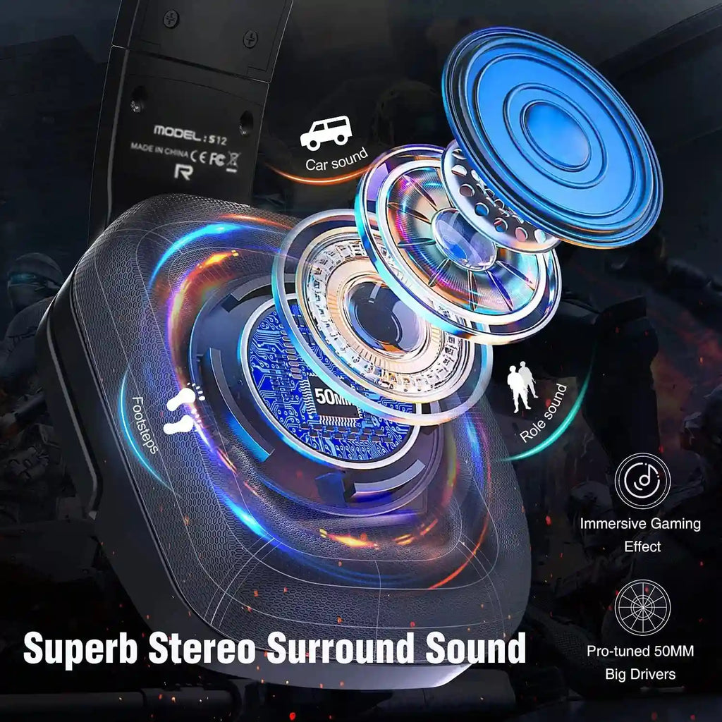 Wired Gaming Headphones with Mic - Surround Sound Over-Ear Black Tidesmit