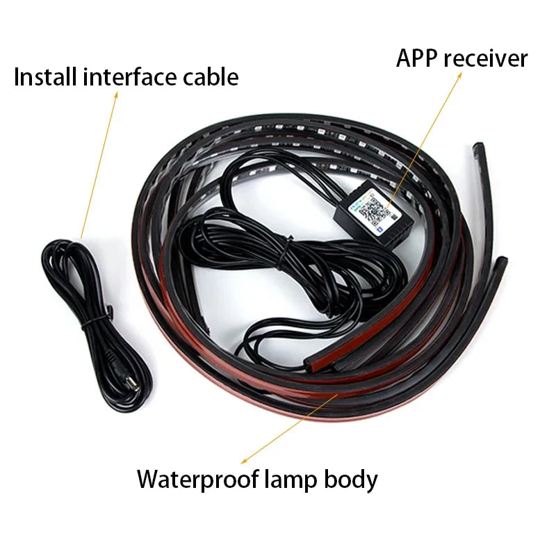 Flexible LED light strip with adhesive backing, app-controlled receiver, and power cable for vehicle lighting.