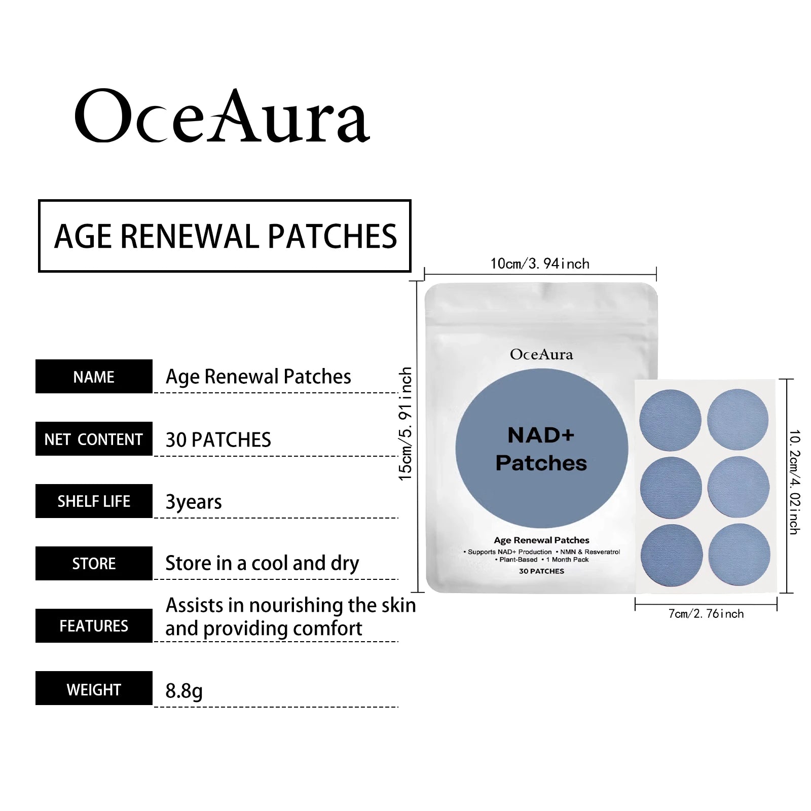 OceAura NAD+ Energy Boost Patches Enhance Focus & Cell Regeneration Immune Support Supplement for Vitality Rejuvenation Patches