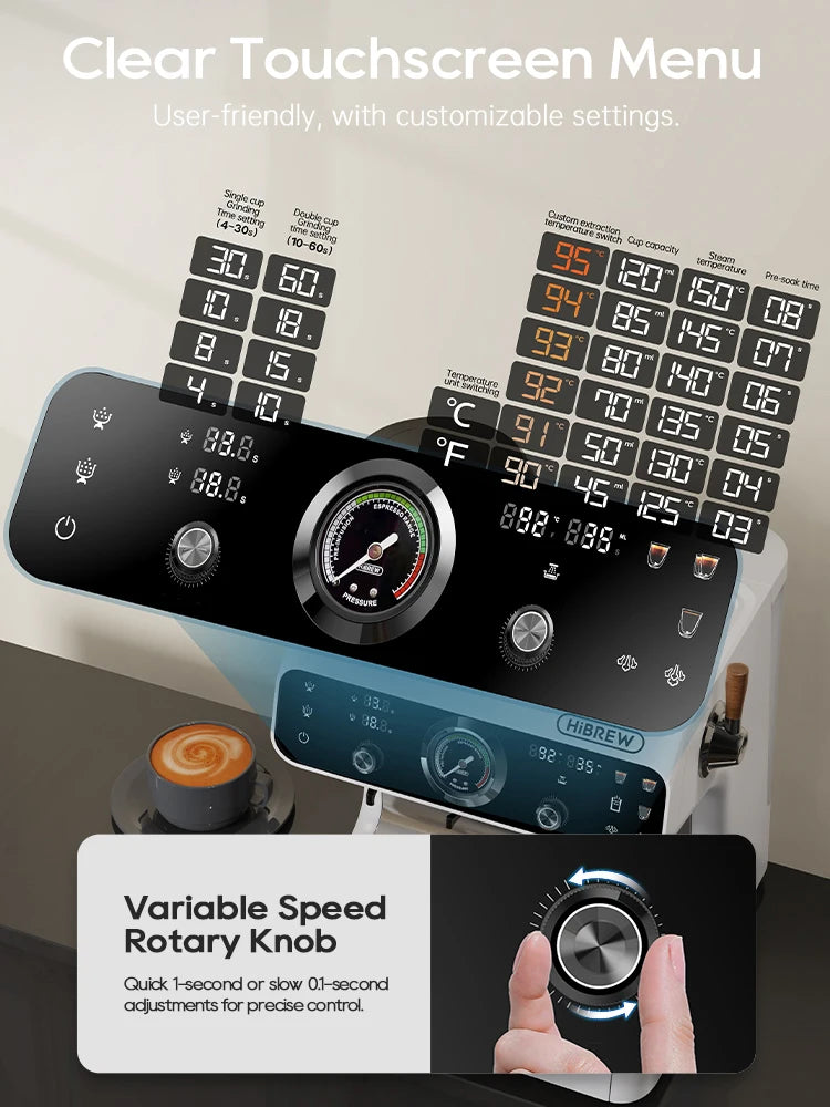 HiBREW espresso machine with digital touchscreen menu, pressure gauge, and variable speed rotary adjustment knob.