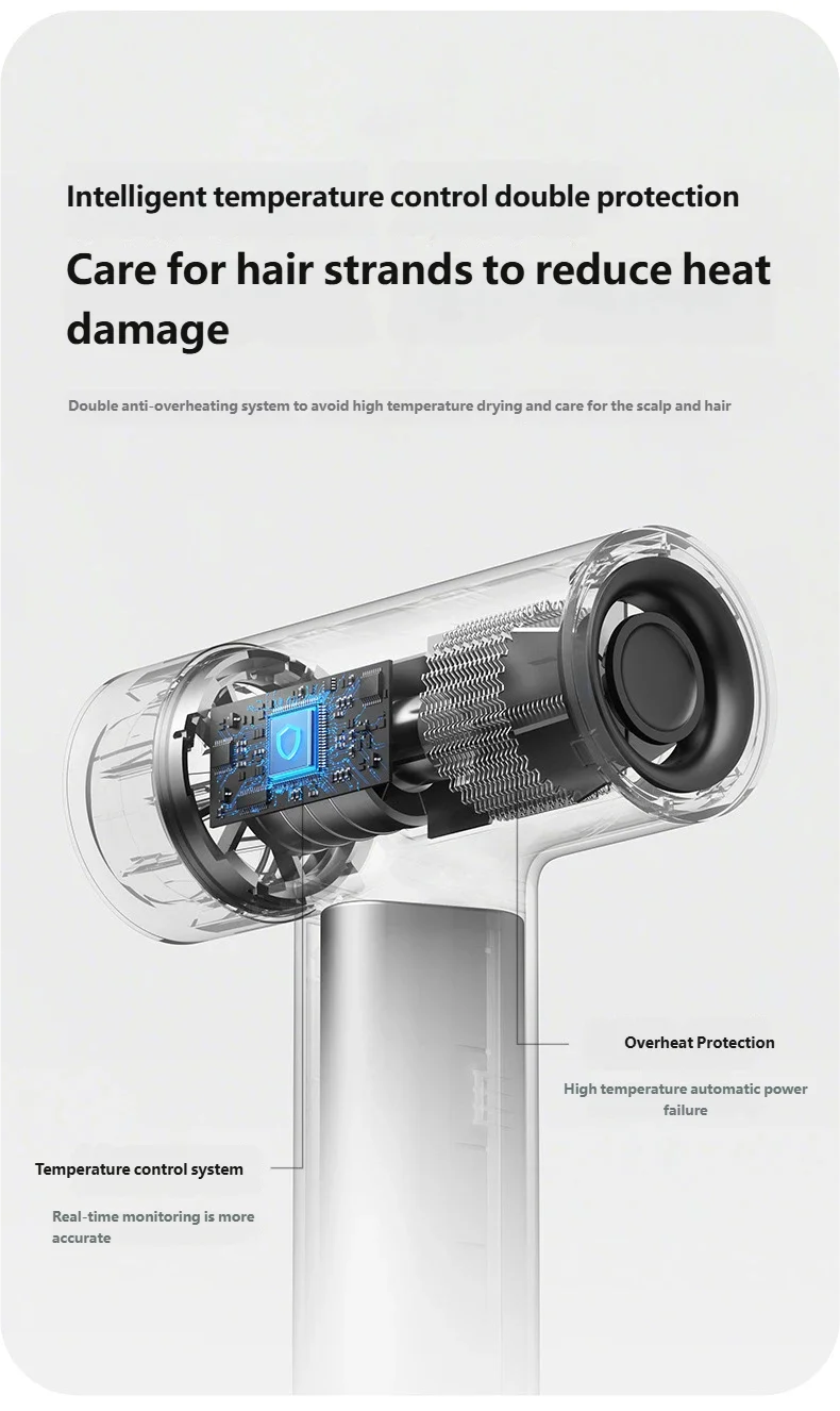 HOMEFISH portable wireless hair dryer with intelligent temperature control and safety overheat protection tech.