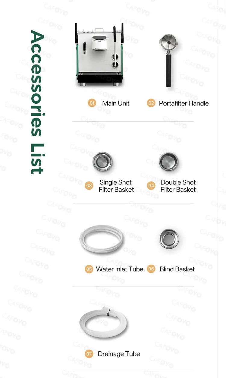 Cafovo espresso machine accessories list including unit, stainless steel portafilter, filter baskets, and tubes.