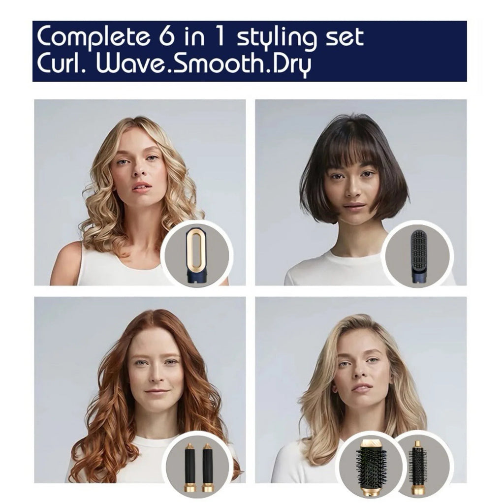 6-in-1 gold and navy hair styler set with curling barrels and hot air brushes for professional home styling.