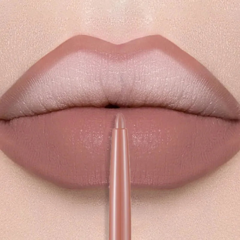 Long-lasting matte lip liner pen in soft nude beige, creating a smooth, waterproof, velvet-finish lip makeup look.
