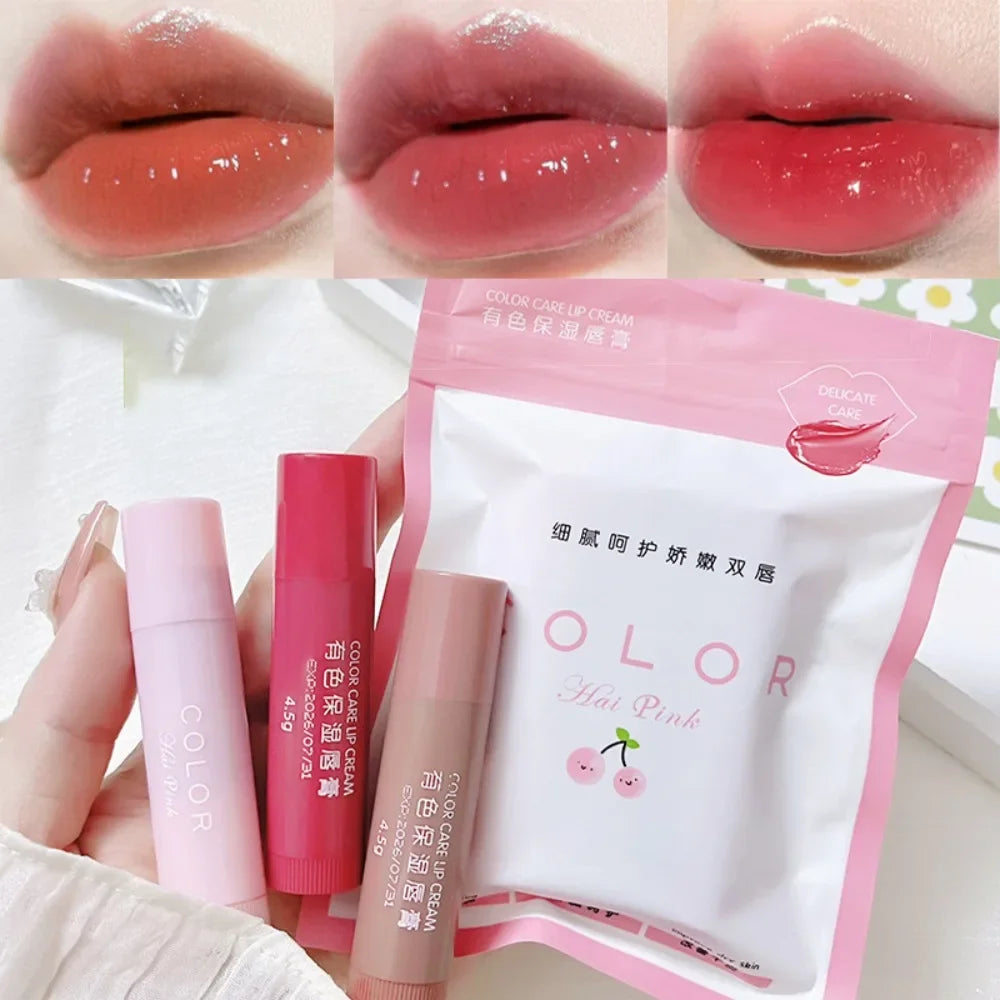 Moisturizing tinted lip balm set in three shades, featuring a glossy, hydrating finish to smooth and brighten lips.