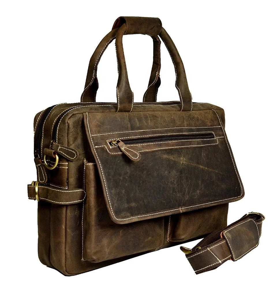 Rustic brown genuine leather messenger briefcase with top handles, front zipper pockets, and detachable shoulder strap.